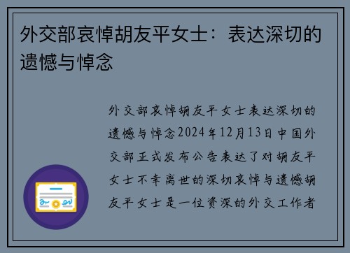 外交部哀悼胡友平女士：表达深切的遗憾与悼念