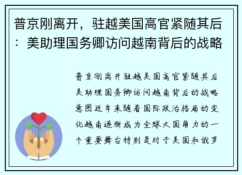 普京刚离开，驻越美国高官紧随其后：美助理国务卿访问越南背后的战略意图
