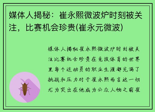 媒体人揭秘：崔永熙微波炉时刻被关注，比赛机会珍贵(崔永元微波)