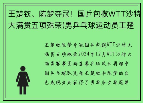 王楚钦、陈梦夺冠！国乒包揽WTT沙特大满贯五项殊荣(男乒乓球运动员王楚钦)