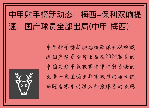 中甲射手榜新动态：梅西-保利双响提速，国产球员全部出局(中甲 梅西)