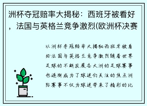 洲杯夺冠赔率大揭秘：西班牙被看好，法国与英格兰竞争激烈(欧洲杯决赛赔倍率)