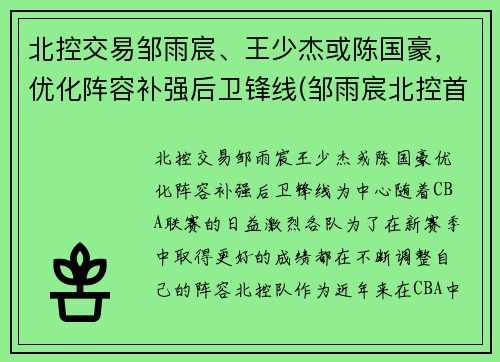 北控交易邹雨宸、王少杰或陈国豪，优化阵容补强后卫锋线(邹雨宸北控首秀砍12分8板 末节送任骏威追身大帽)