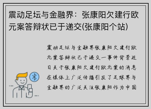 震动足坛与金融界：张康阳欠建行欧元案答辩状已于递交(张康阳个站)