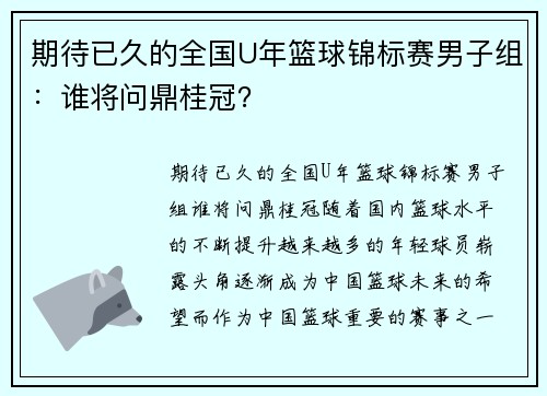 期待已久的全国U年篮球锦标赛男子组：谁将问鼎桂冠？