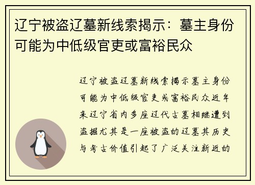 辽宁被盗辽墓新线索揭示：墓主身份可能为中低级官吏或富裕民众