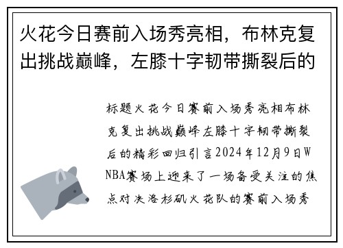 火花今日赛前入场秀亮相，布林克复出挑战巅峰，左膝十字韧带撕裂后的精彩回归