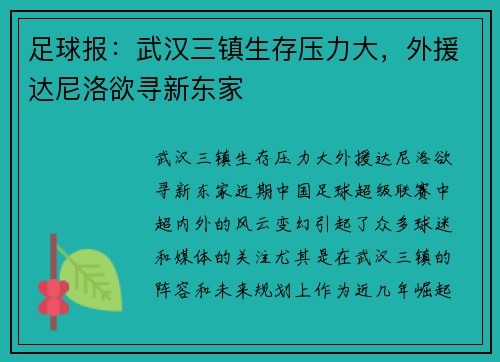 足球报：武汉三镇生存压力大，外援达尼洛欲寻新东家